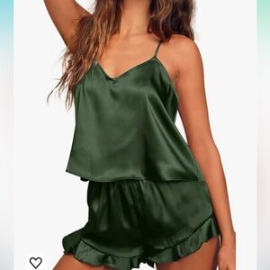 Ekouaer Satin Pajama Set Camisole Top and Shorts with Ruffle Sleepwear